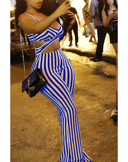 Lovely Casual V Neck Striped Blue Twilled Satin One-piece Jumpsuit