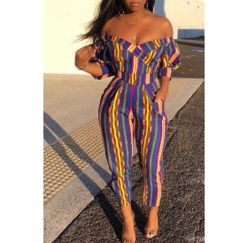 Lovely Stylish Off The Shoulder Striped Multicolor One-piece Jumpsuit