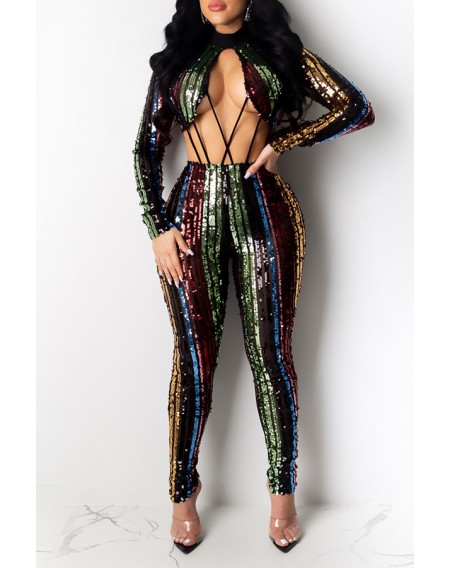 Lovely Sexy Striped Hollow-out Multicolor One-piece Jumpsuit