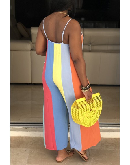 Lovely Casual V Neck Spaghetti Straps Striped Multicolor One-piece Jumpsuit