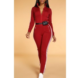 Lovely Trendy Striped Skinny Wine Red One-piece Jumpsuit