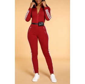 Lovely Trendy Striped Skinny Wine Red One-piece Jumpsuit