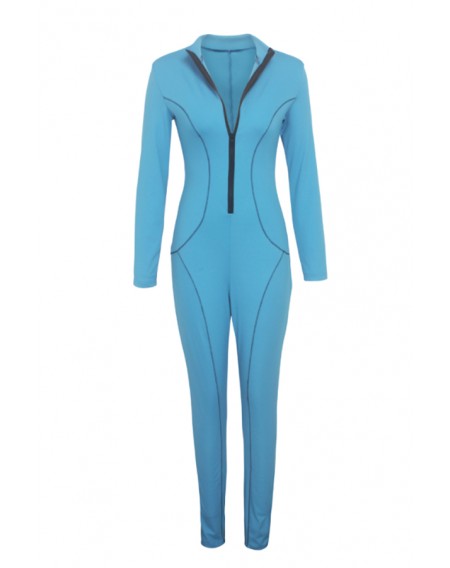 Lovely Casual Zipper Design Blue One-piece Jumpsuit