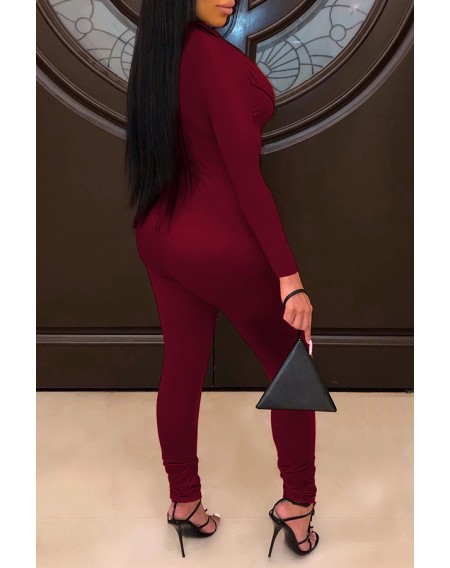 Lovely Casual Zipper Design Wine Red One-piece Jumpsuit