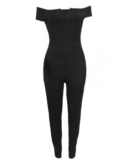 Lovely Euramerican Dew Shoulder Skinny Black One-piece Jumpsuit